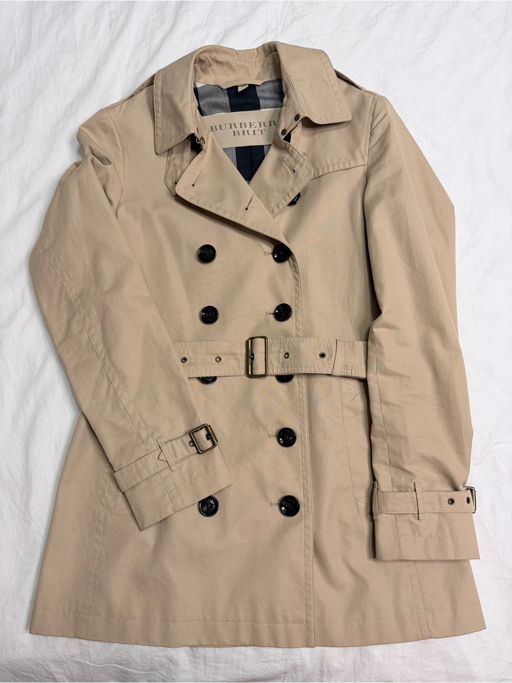Burberry Brit Tan Double-Breasted Trench Coat with Belt & Check Lining